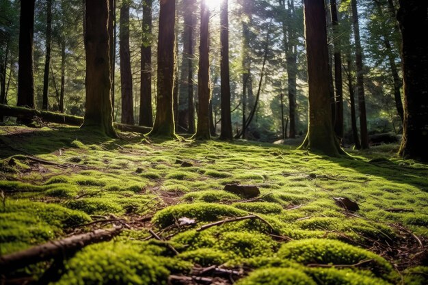 The serenity of a tranquil forest scene from a low angle perspective Generative AI