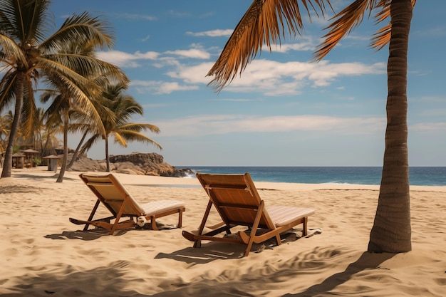 Serenity unfolds A tropical paradise captured in a snapshot sunkissed beach azure sea reclining deck