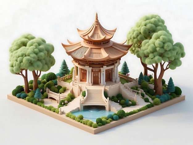 Serenity Unveiled Cozy 3D Wood Temple in Lush Isometric Tranquility