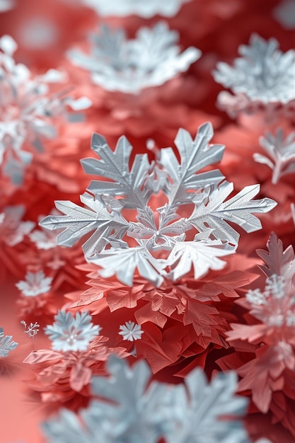 a series of 3D snowflakes in red and white