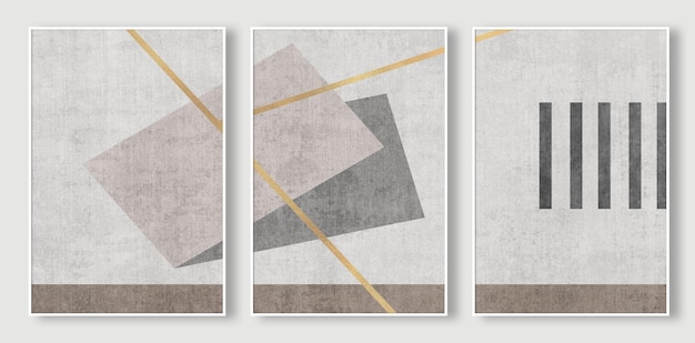 A series of abstract geometric shapes with gold lines.