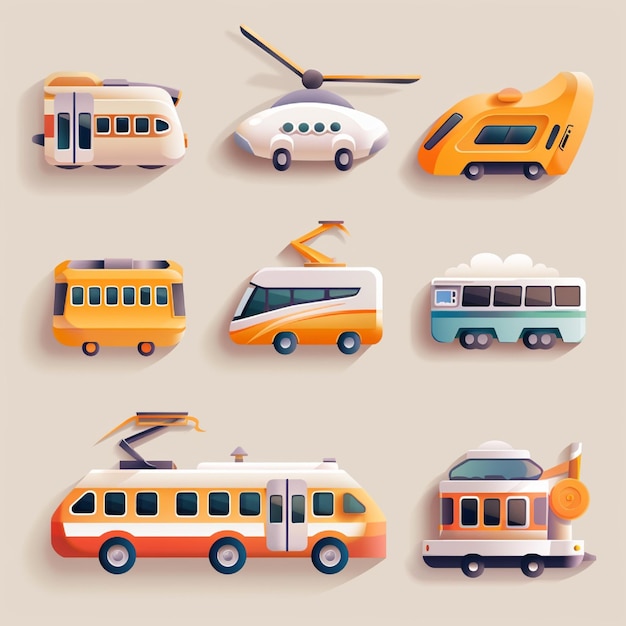 A series of animated icons for a travel app representing different modes of transportation