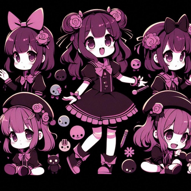 a series of anime characters with a purple dress and a pink bow