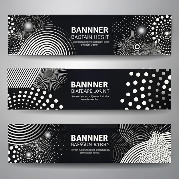 a series of banners with black and white circles and dots on them