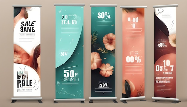 a series of banners with a flower on it