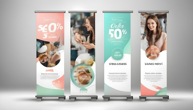 a series of banners with a woman on it