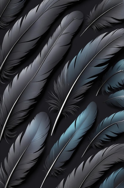 a series of black feathers with blue and black feathers