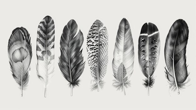 Photo a series of black and white feathers are lined up in a row the feathers vary in size and shape with