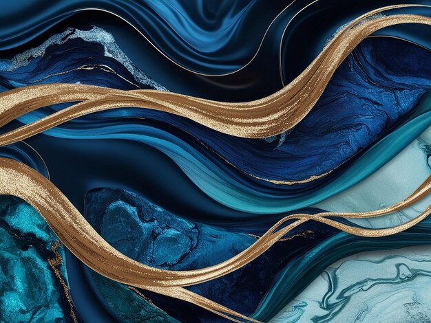 a series of blue and green waves with gold swirls