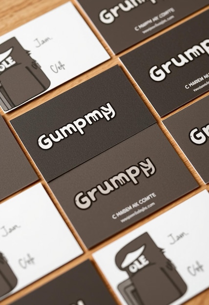 Photo a series of business cards with the name grumpy on them