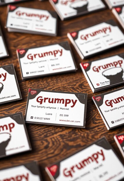 A series of business cards with the name grumpy on them