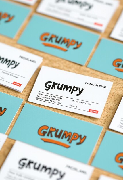 A series of business cards with the name grumpy on them