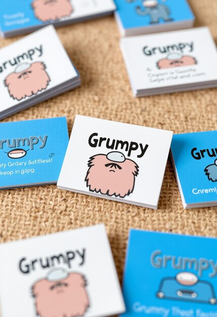 Photo a series of business cards with the name grumpy on them