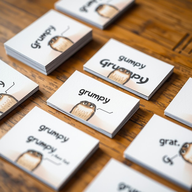 Photo a series of business cards with the name grumpy on them