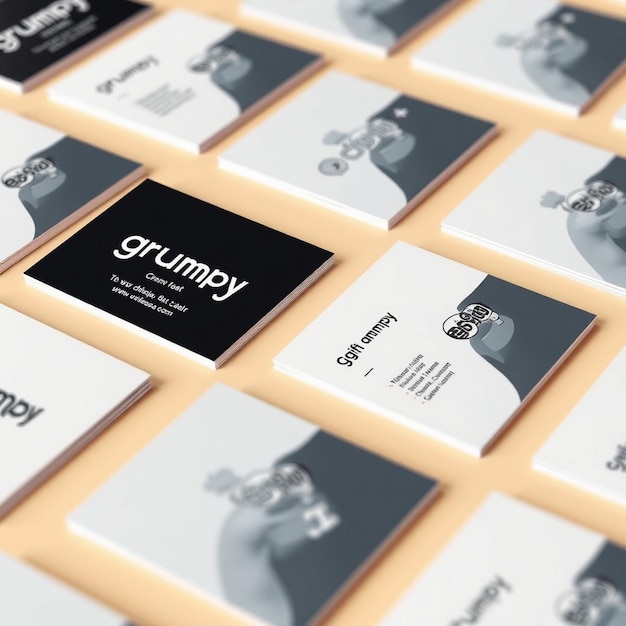 A series of business cards with the name grumpy on them