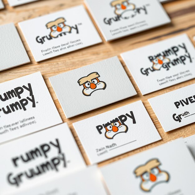 A series of business cards with the name grumpy on them