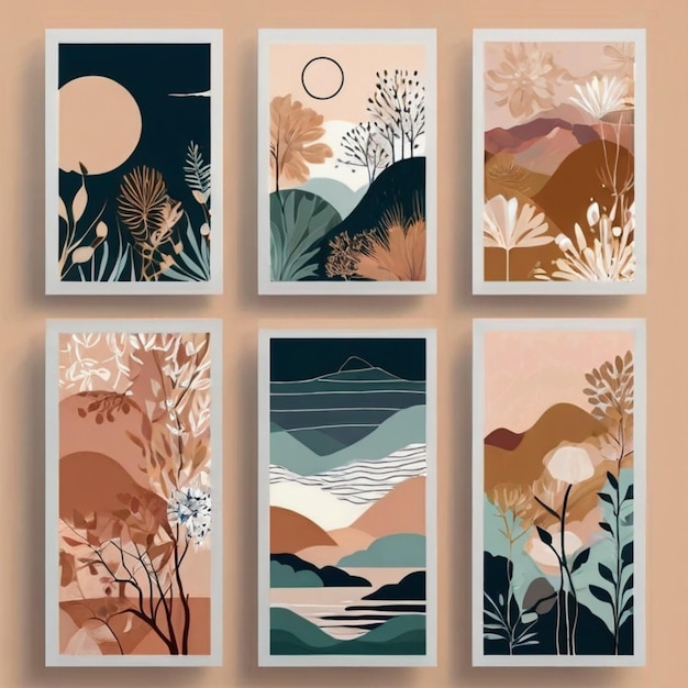 a series of cards with a mountain landscape and a moon