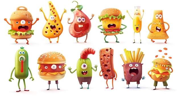 a series of cartoon characters including food including a cartoon character