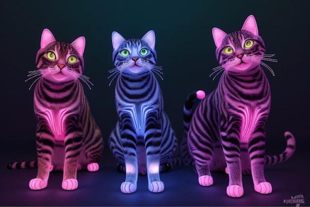 Photo a series of cats with glowing eyes and a purple background