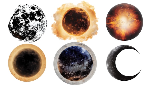 Series of Celestial Bodies Sun Moon Comet on white background