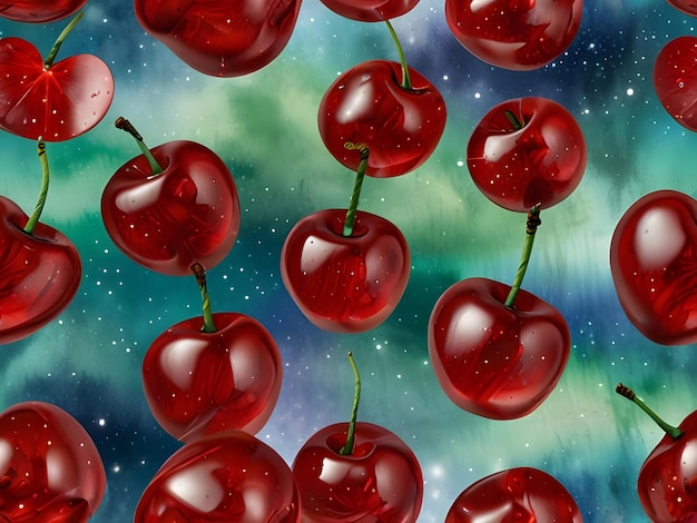 Photo a series of cherries with a blue background with stars and stars