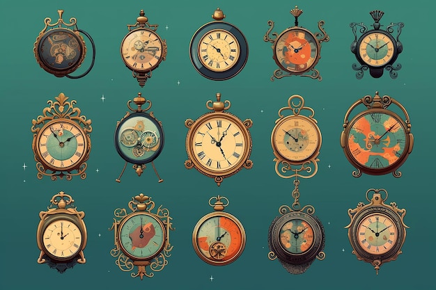 Photo a series of clocks with the time as 12 00