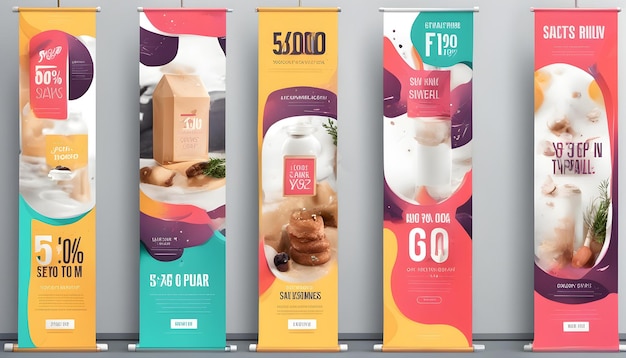 a series of colorful banners with the words 50  off on them