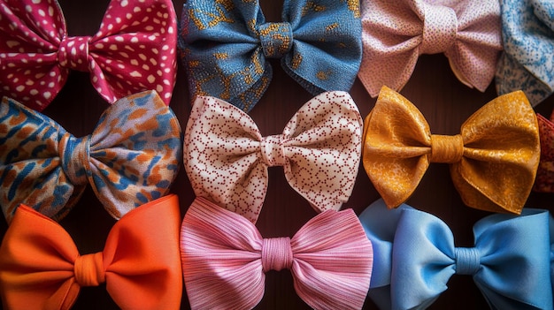 A series of colorful bows arranged neatly in a row each made from different fabrics creating a visually appealing display