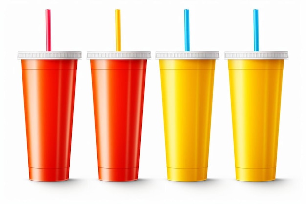 Photo a series of colorful plastic cups with plastic straws and straws