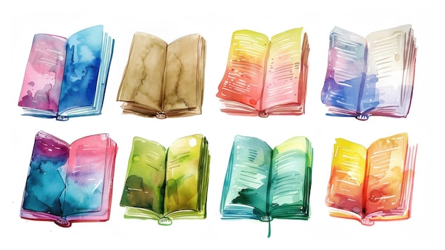 Photo a series of colorful watercolor books each with a unique design and vibrant colors the arrangement s