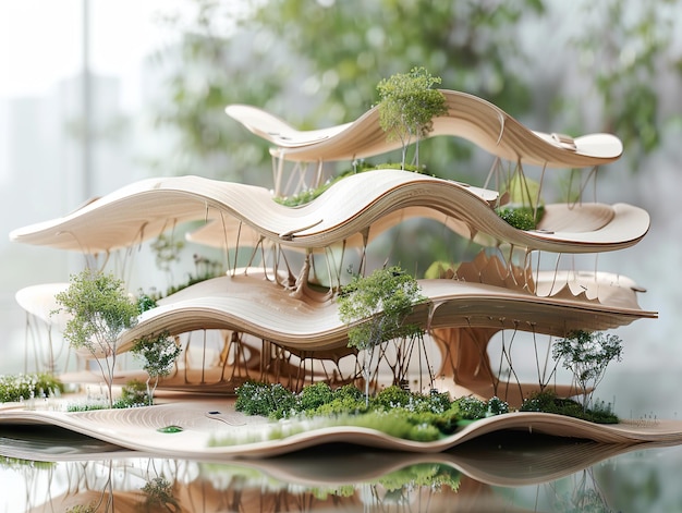 Photo a series of curved wooden structures with plants on them