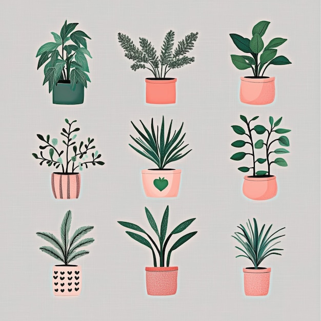 A series of cute illustrated houseplants potted plants each plant in different shades of green pink