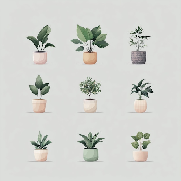 A series of cute illustrated houseplants potted plants each plant in different shades of green pink