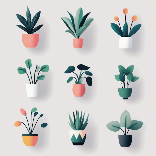 A series of cute illustrated houseplants potted plants each plant in different shades of green pink