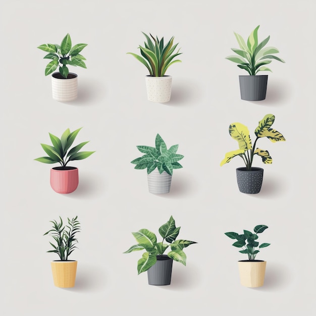 A series of cute illustrated houseplants potted plants each plant in different shades of green pink