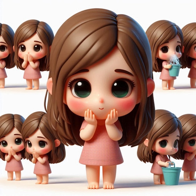 a series of dolls with different expressions including a girl with green eyes