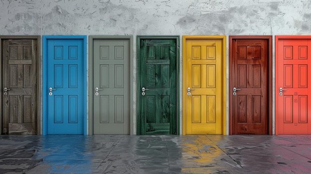 A series of doors in various colors on a building illustrating concepts of diversity choice and