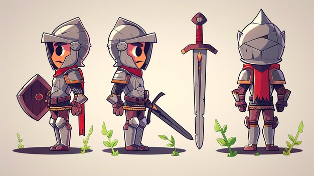 Photo a series of drawings of knights with a sword and grass