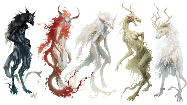 Series of Folklore Creatures Kitsune and Banshee on white background