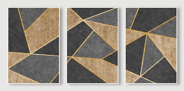 A series of four paintings with gold and black triangles.