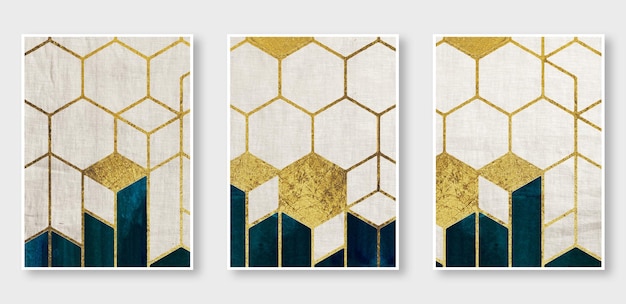 A series of four wall paintings with a gold and green hexagon pattern.