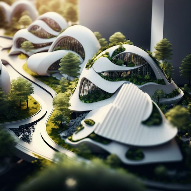 A series of futuristic buildings with a white roof and a green roof.