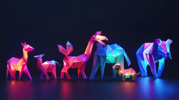 Photo a series of geometric animal sculptures illuminated with vibrant neon colors create a dynamic and modern display