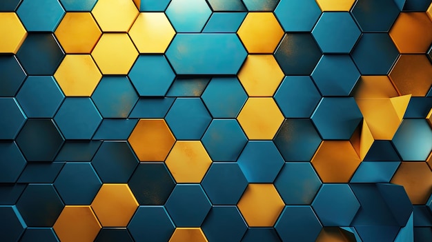 A series of hexagons in shades of blue and yellow