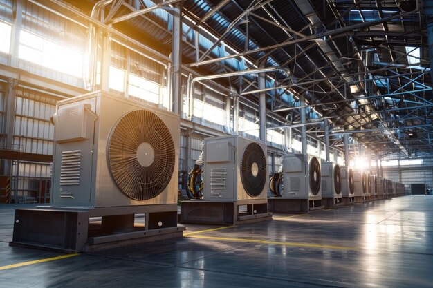 A series of highefficiency HVAC systems installed in a welllit industrial facility showcasing robust engineering and climate control technologies