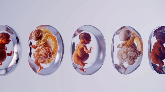 Photo a series of human embryos depicted in different stages of development encased in transparent bubbles against a minimalist background