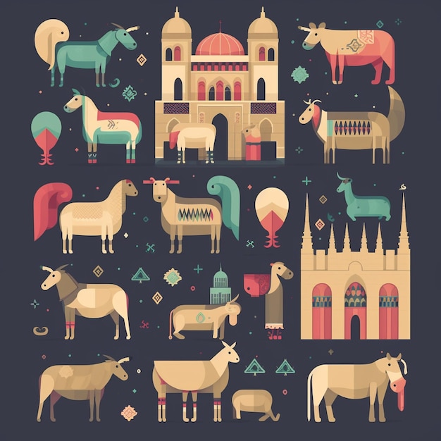 a series of illustrations of animals including a camel and a camel