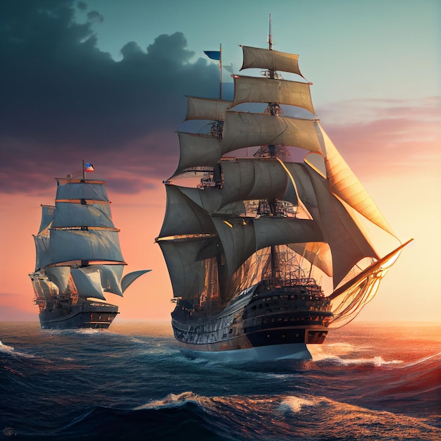 A series of illustrations depicting a sailing fleet in retro style 3D illustration