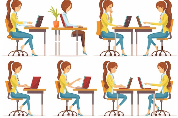 Photo a series of illustrations depicting a young professional woman in various seated postures working at a desk with her laptop in a vibrant colorful office setting