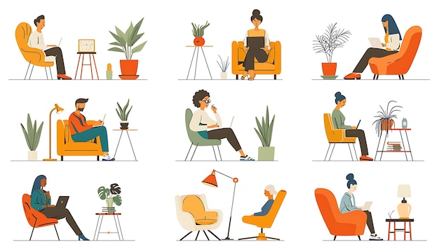 Photo a series of illustrations of people sitting on chairs with plants